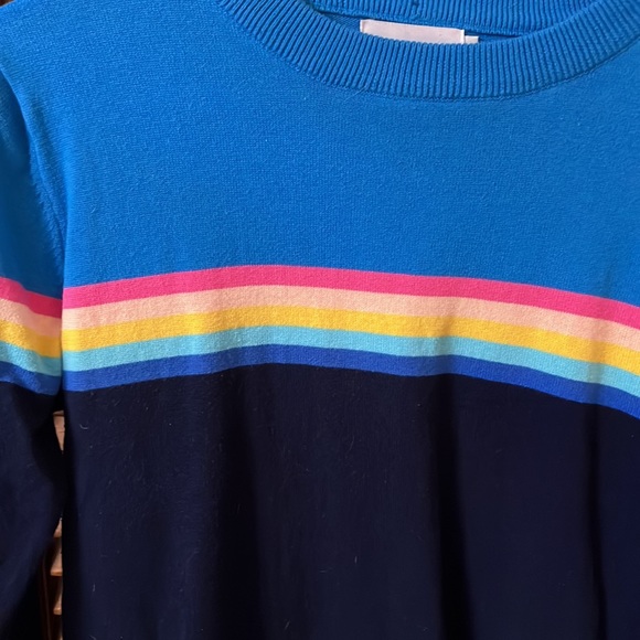 Women’s sweater XL by Oxhnitstore barely worn. Navy blue pink and yellow striped - Picture 2 of 6